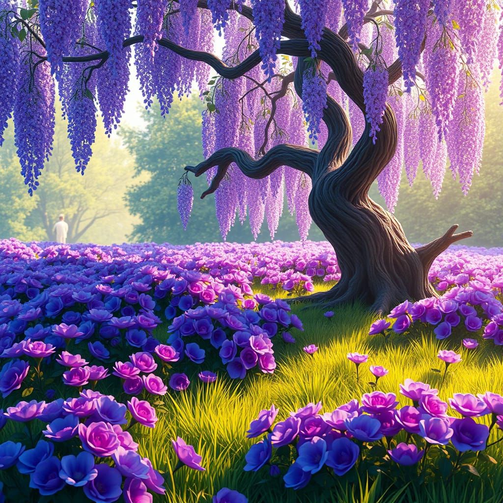 Surreal Anime Key Visual Scene with Blue Roses and Purple Wi...