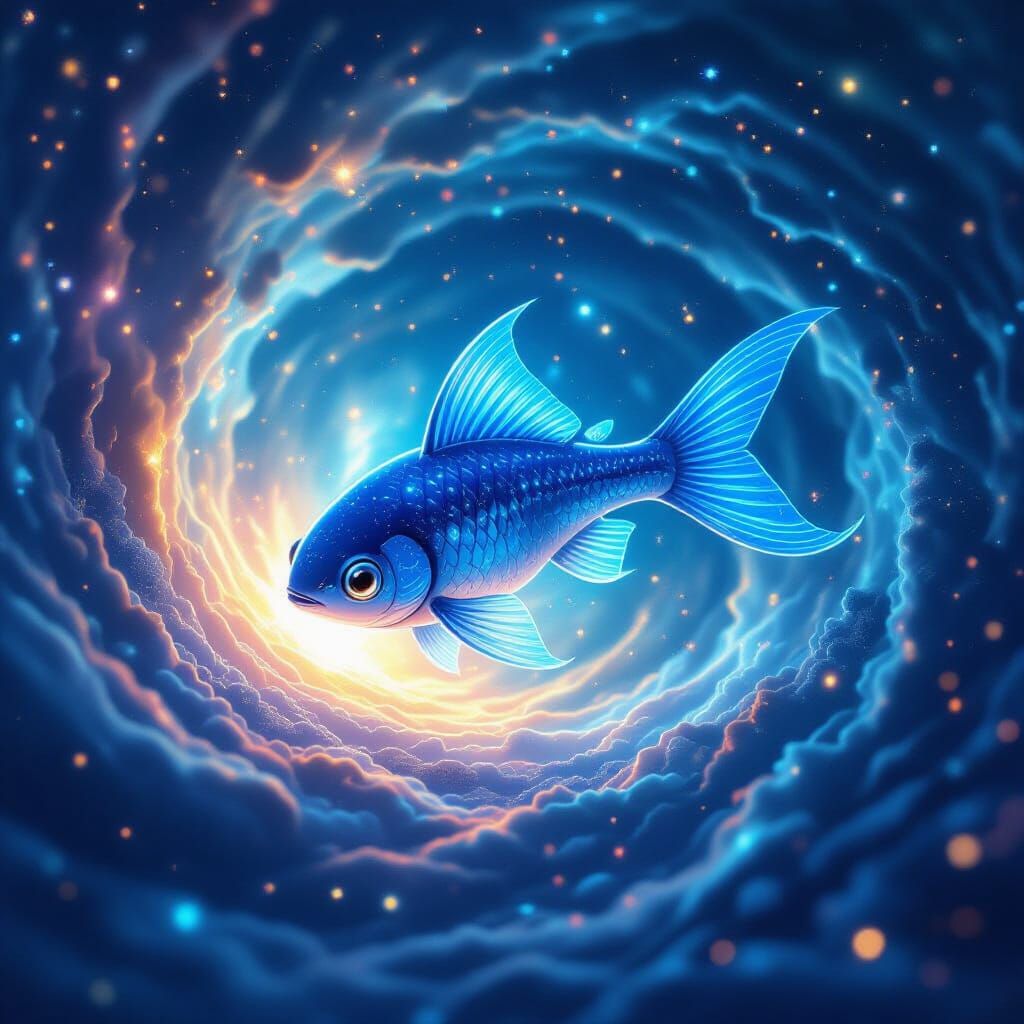 Glowing Blue Creature Amidst Starry Universes