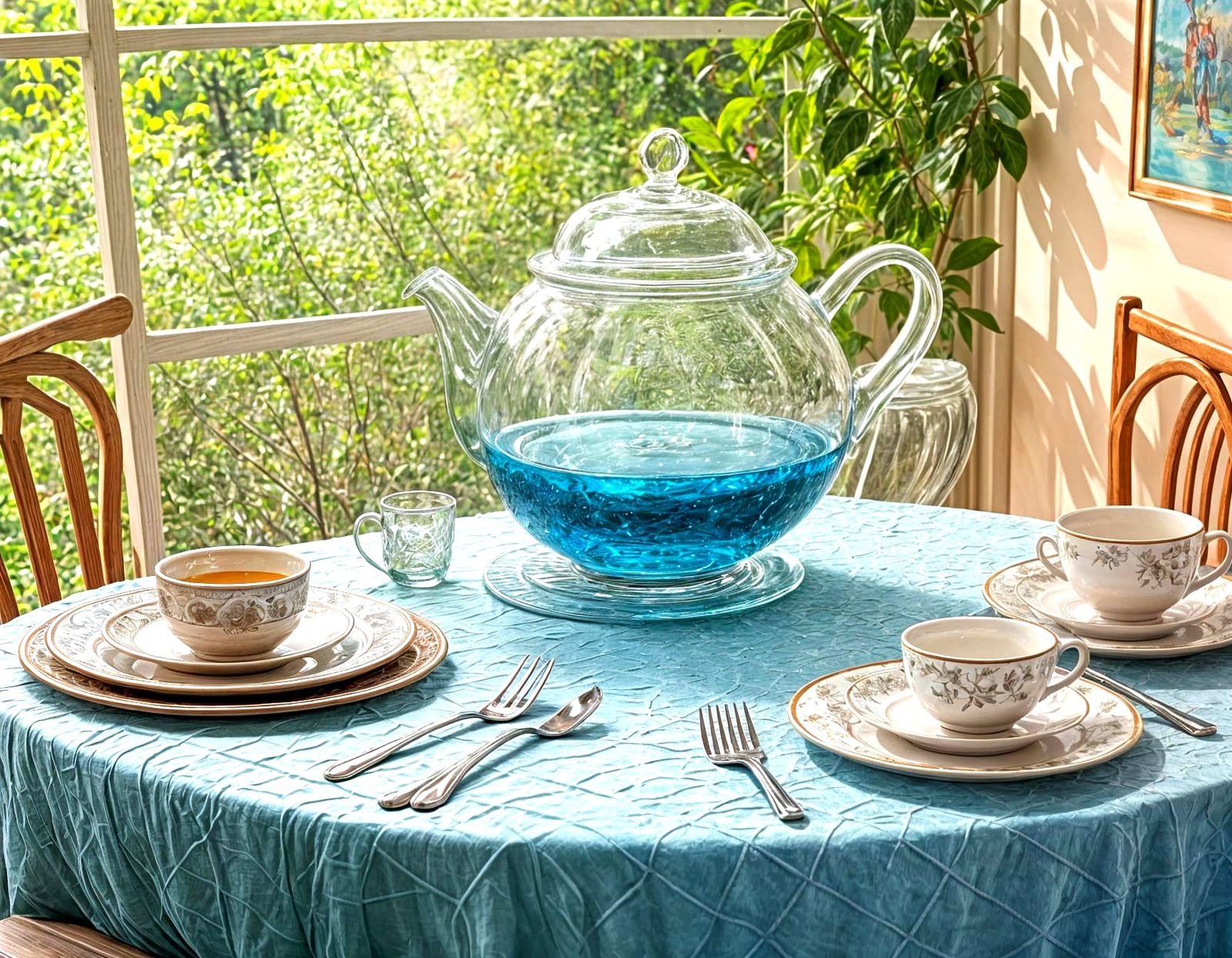 Whimsical Summer Scene Inside a Clear Glass Teapot