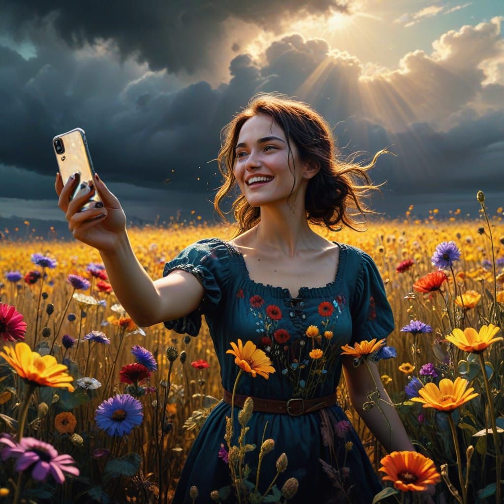 Joyful Girl Collects Flowers in a Sunlit Field