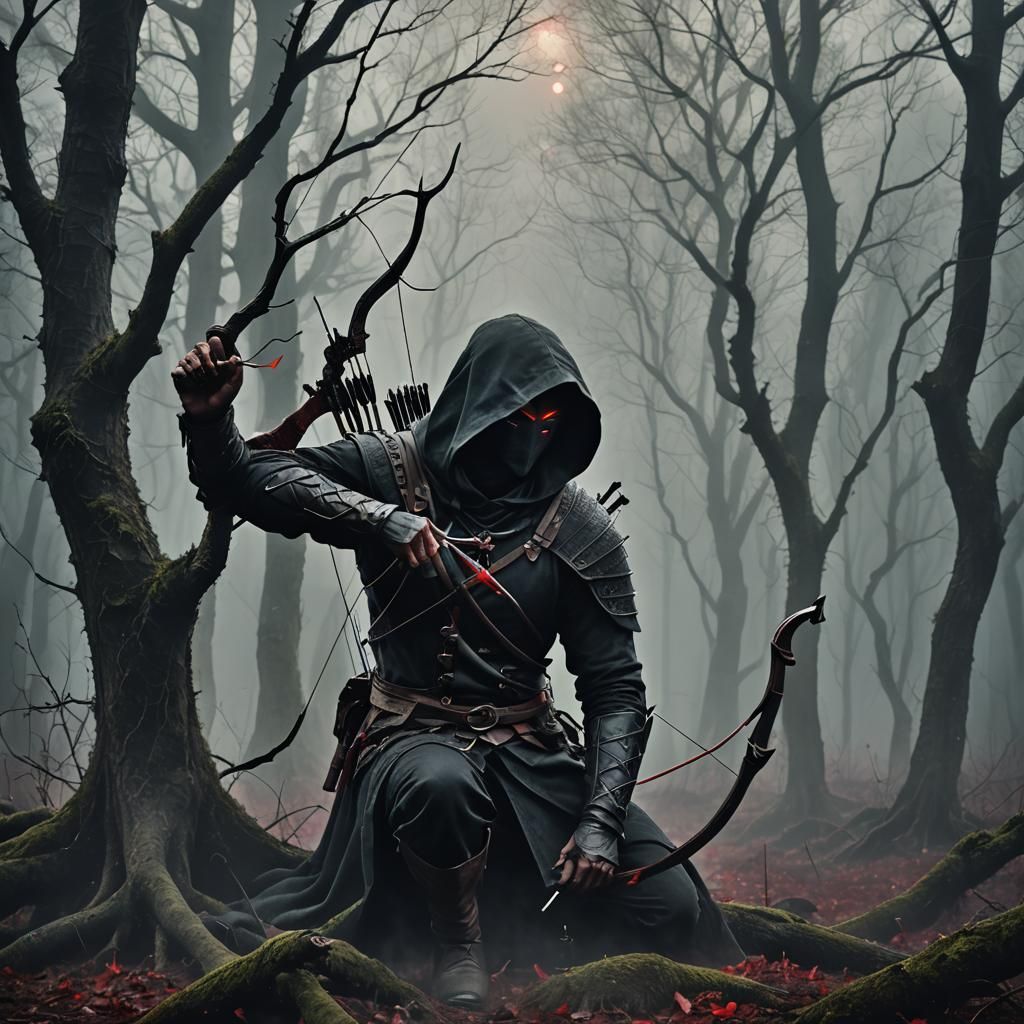 Eerie Faceless Archer in Misty Forest: Dark Fantasy Art