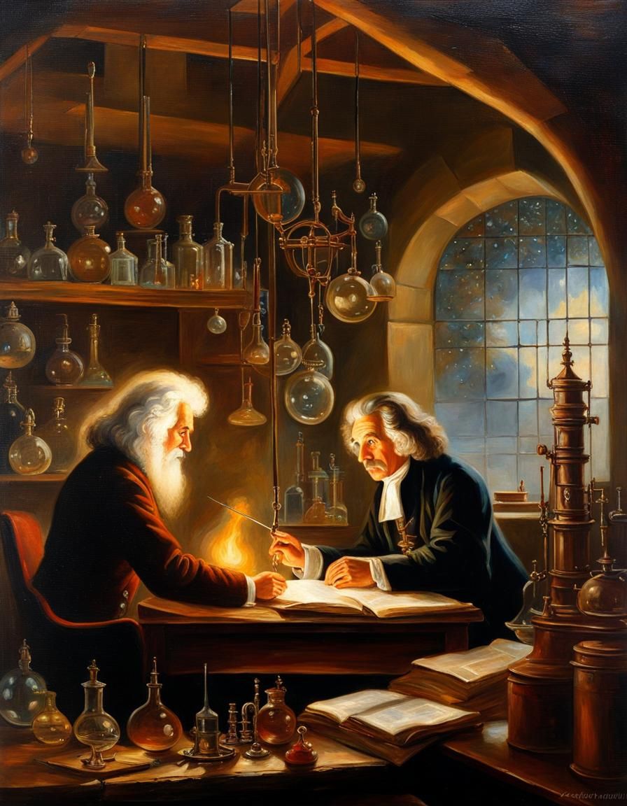 Newton and Einstein in his lab 01
