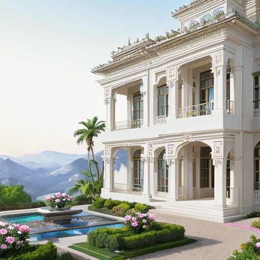 Art Deco Villa on Hilltop in Oil Painting Style