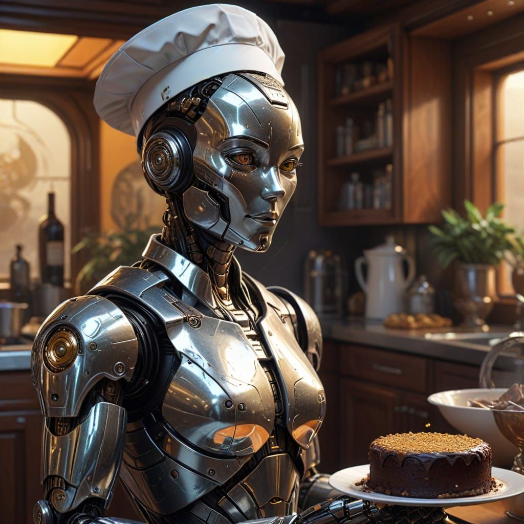 Metallic Chef Robot Crafts Chocolate Cake in Hyper-Realistic...