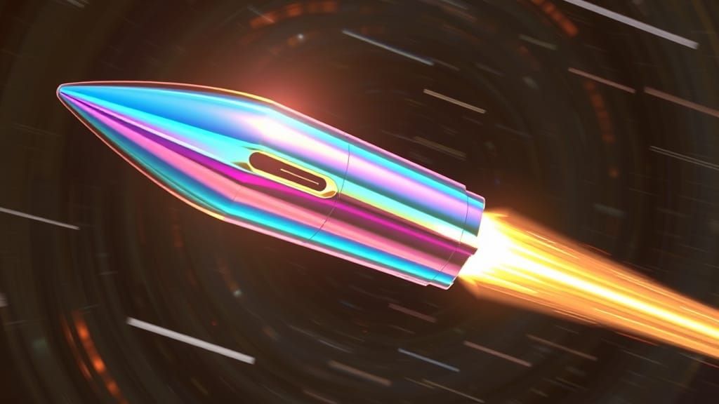 There is an iridescent bullet-shaped projectile with an iridescent design crossing space at high speeds leaving a trail ...