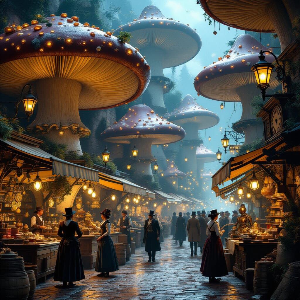 Victorian Mushroom Market with Clockwork Automatons
