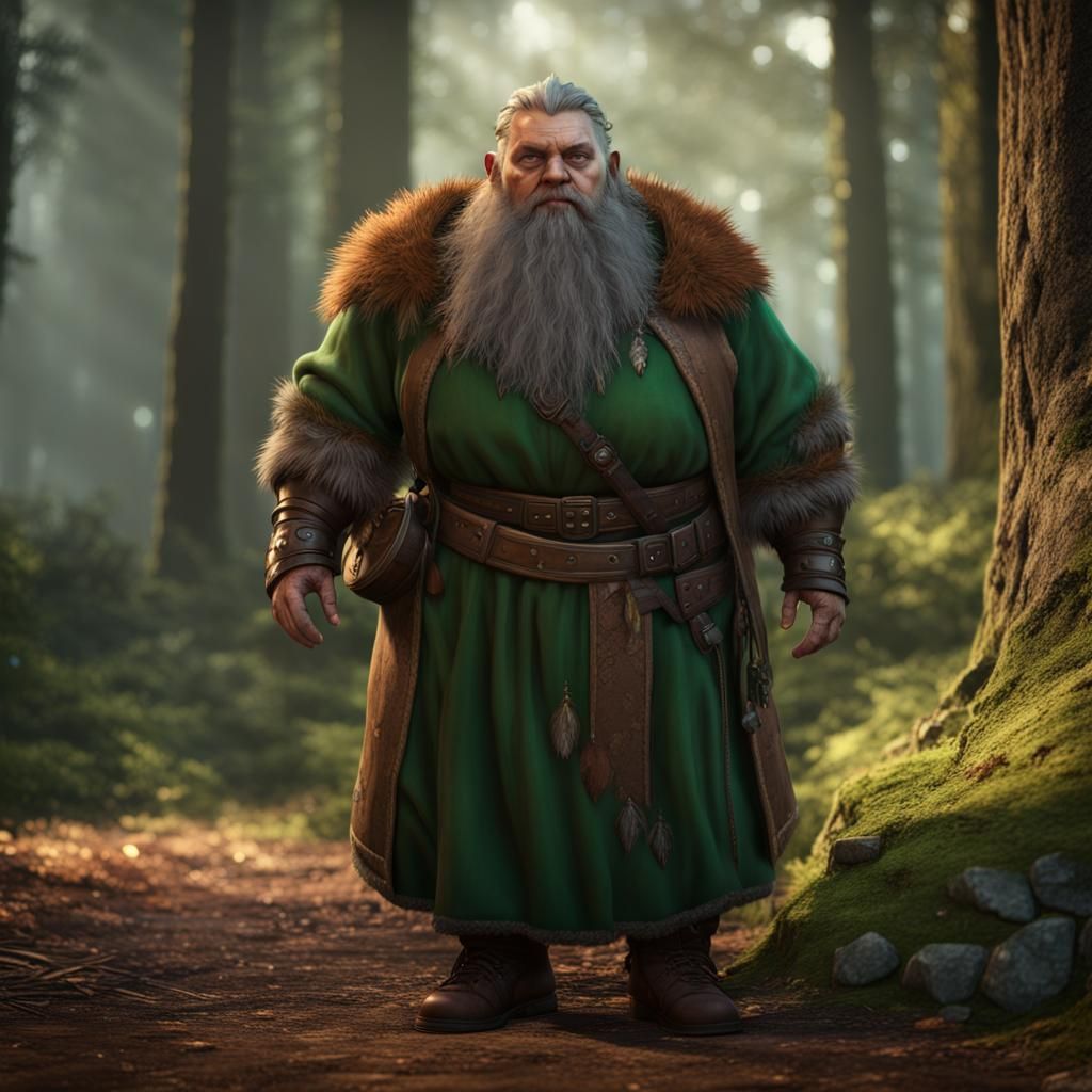 Obese Female Dwarf Druid in Forest with Magic
