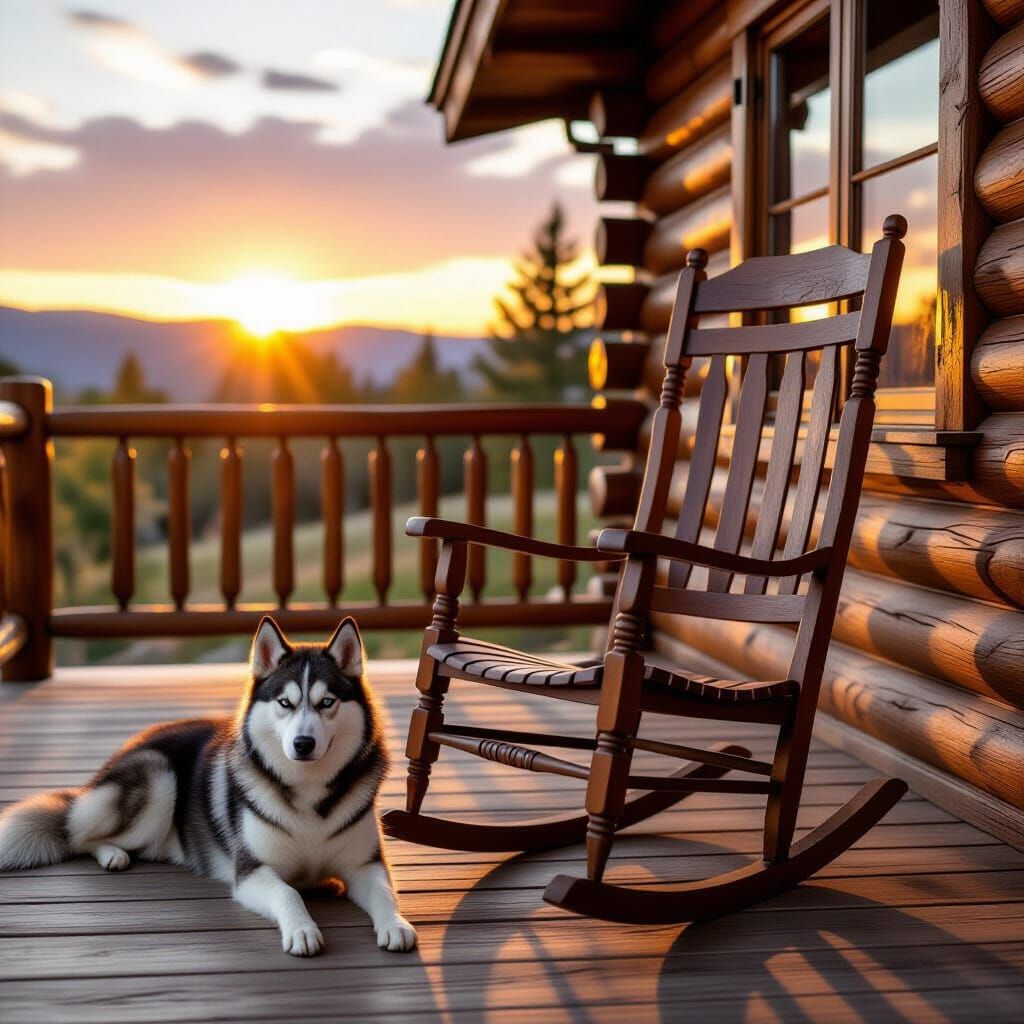 Rustic Porch Scene with Rocking Chair and Husky