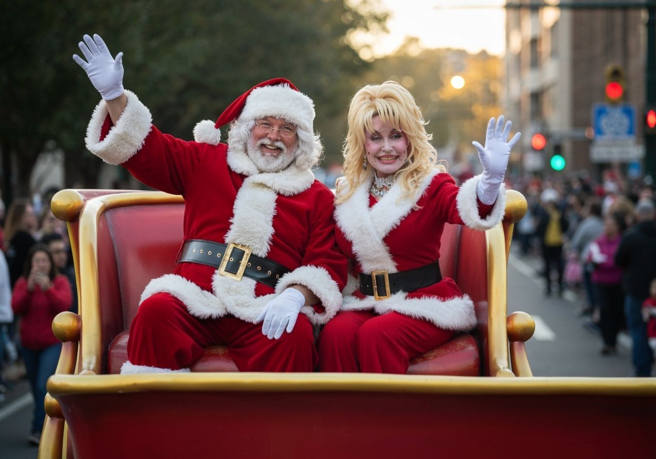 Santa and Dolly Parton Wave from Festive Parade Float