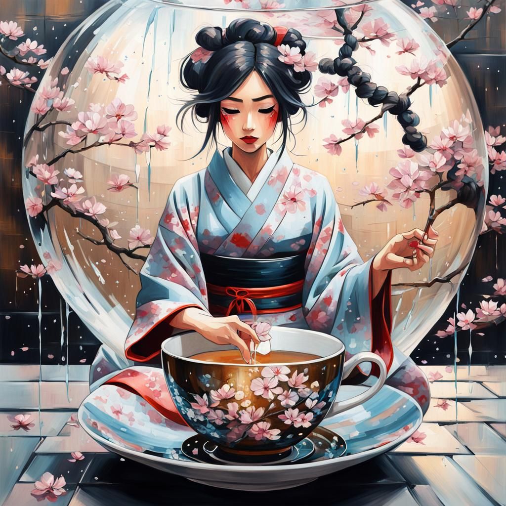 Anime Girl in Teacup as Street Art Painting