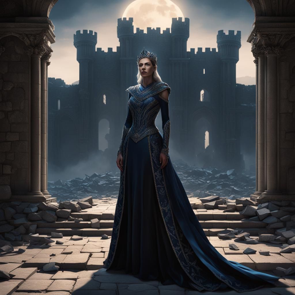 Elegant Queen on Iron Throne in Castle Ruins