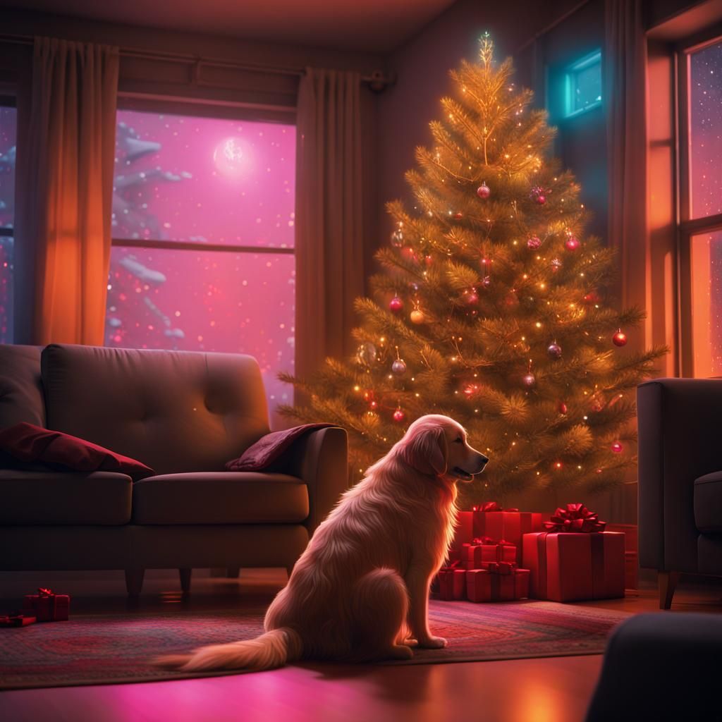 Sad Golden Retriever at Christmas in Cyberpunk Style