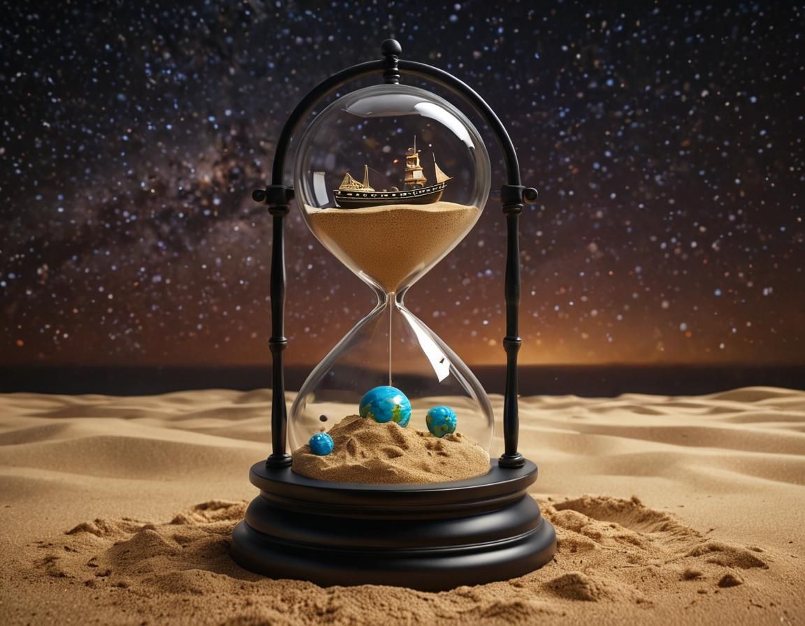 Earth Hourglass with Ship and Stars in Pop Art