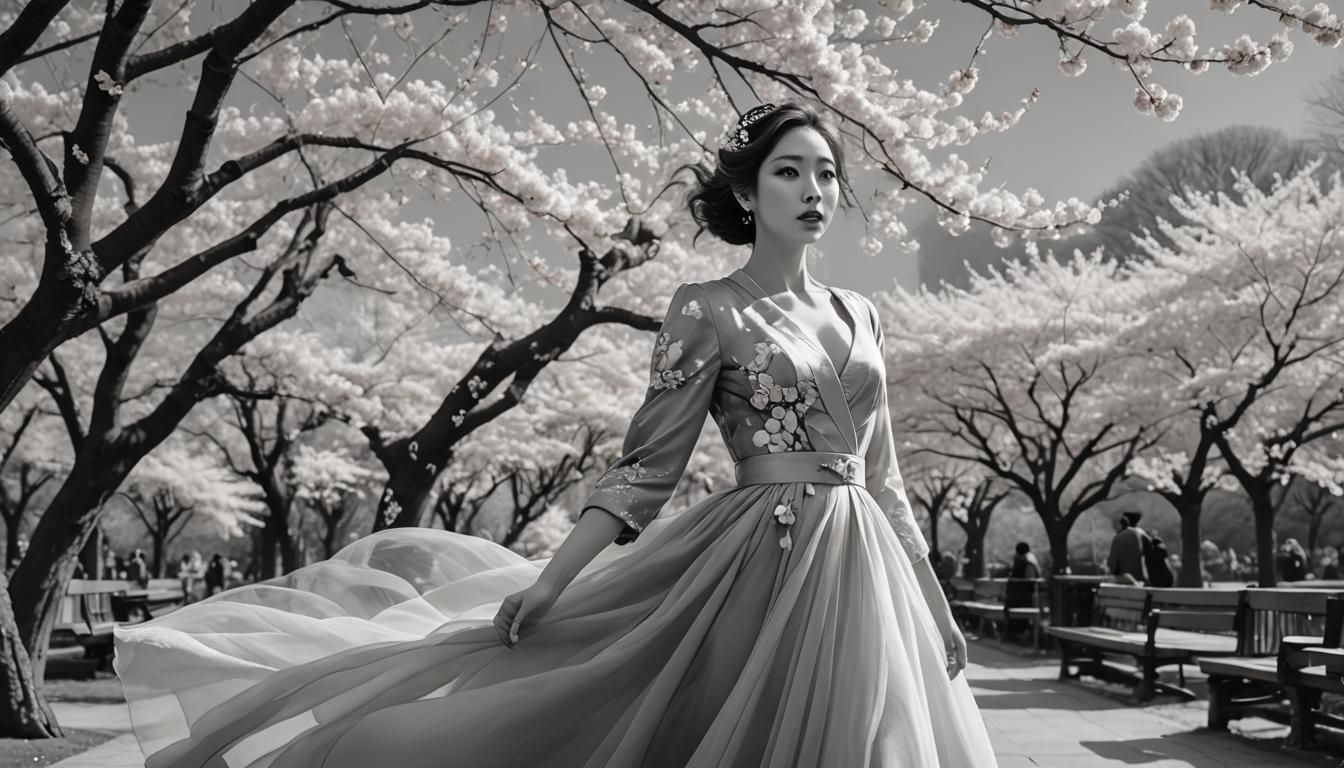 A grayscale image of a stunningly beautiful woman with big expressive eyes, wearing a long flowing gown that is blowing ...