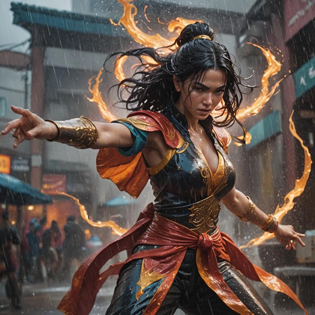 Statuesque Female Warrior Fighting in Rain