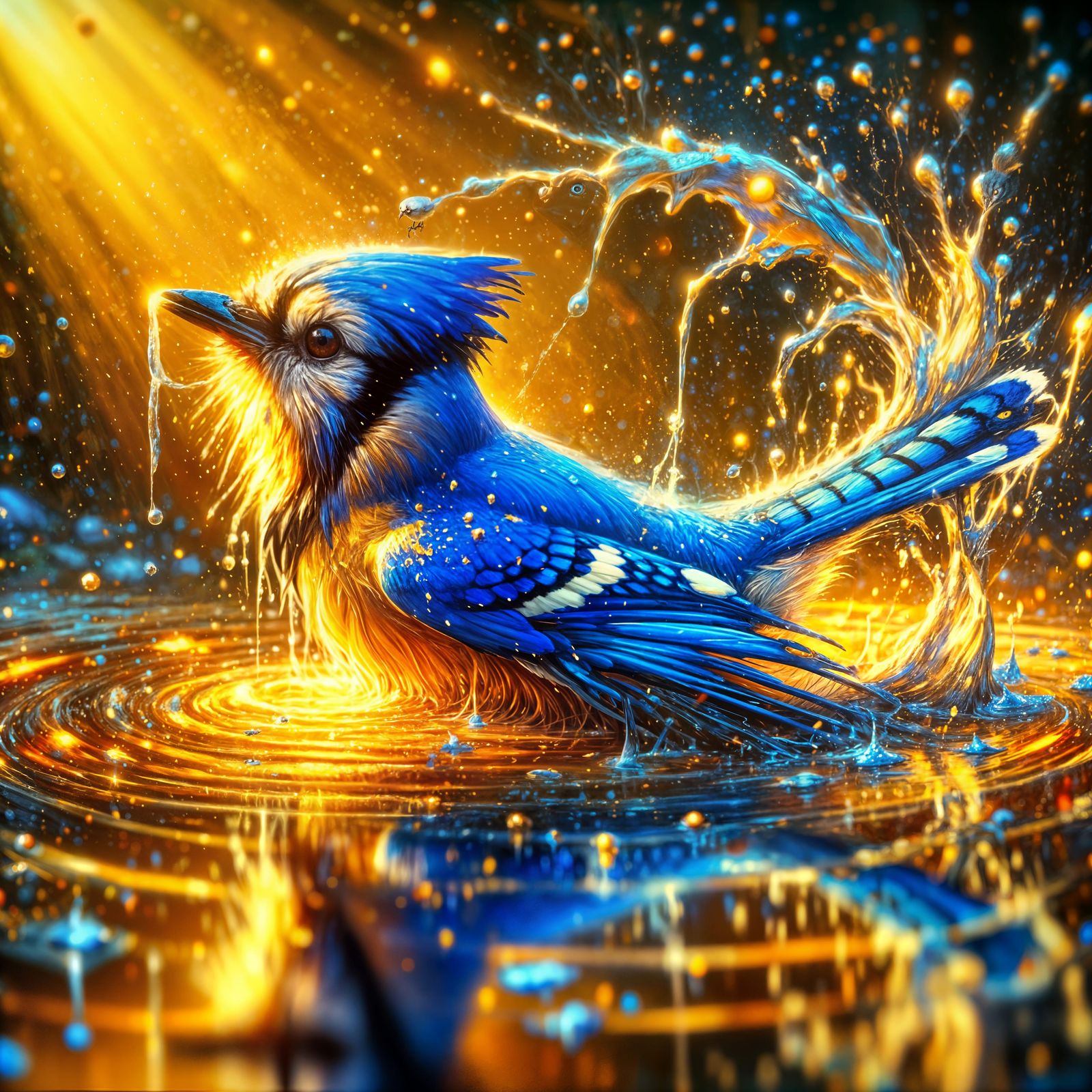 Blue Jay's Sunny Bath: A Romantic Digital Painting
