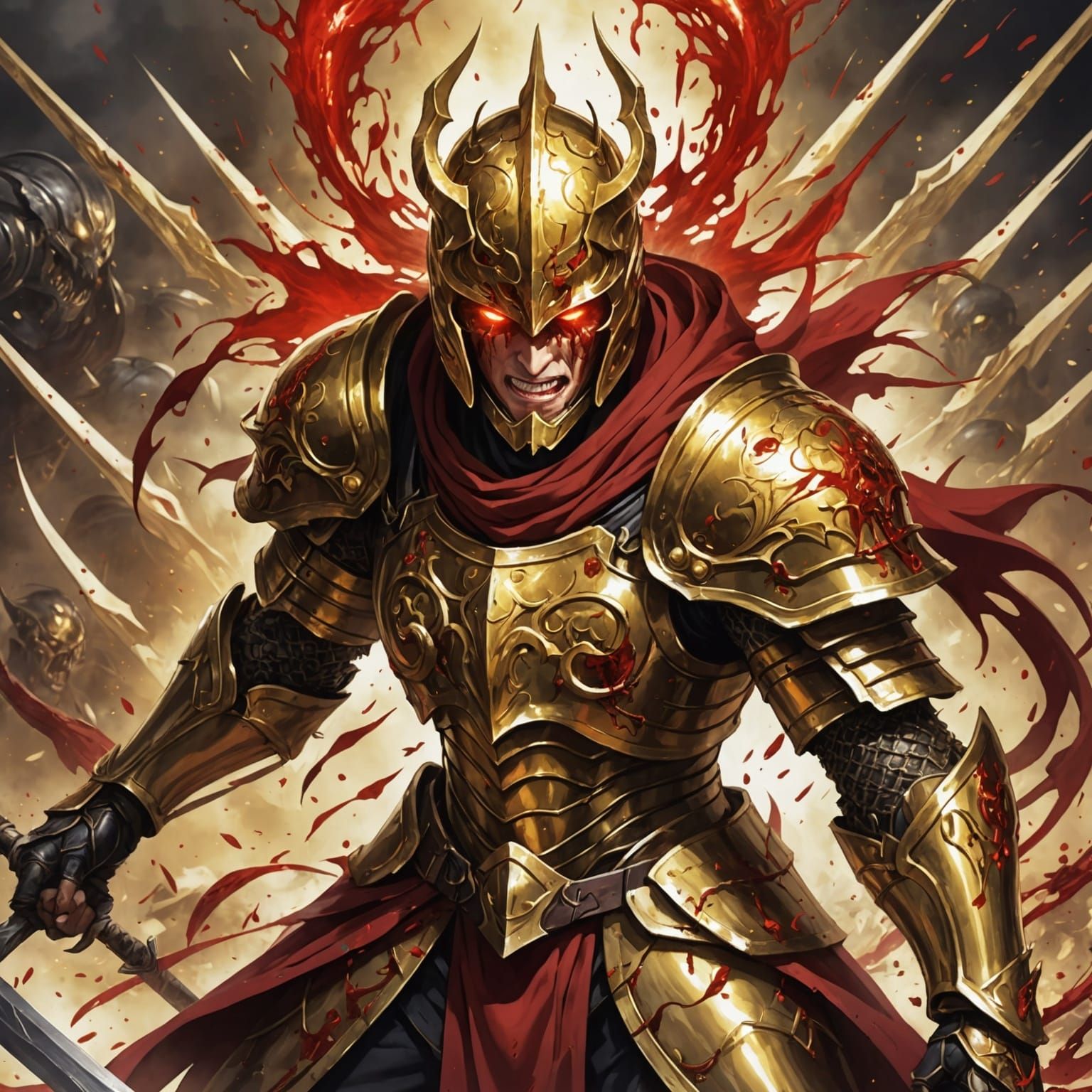 Golden Armored Warrior in Bloody Anime Battle