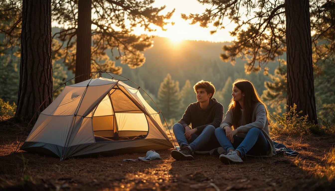 Teenagers Camping in Golden Hour Pine Forest