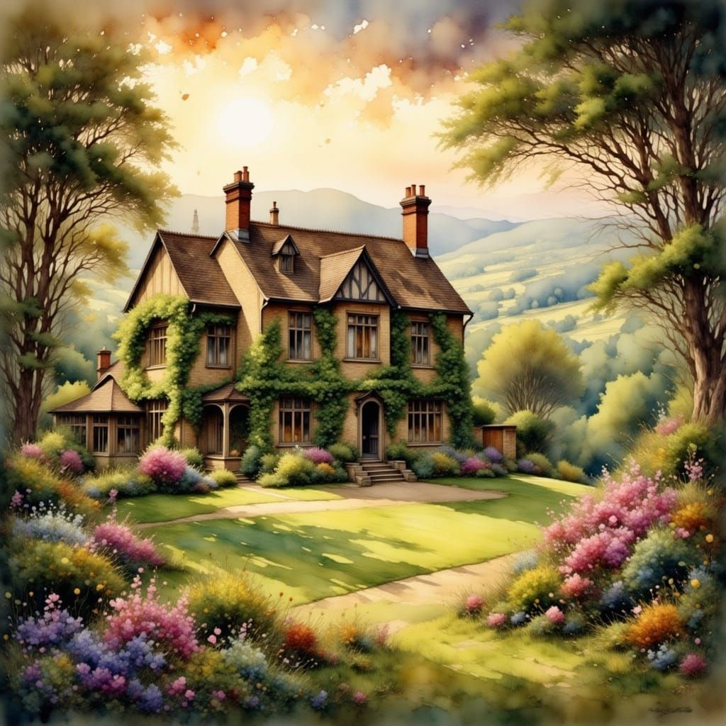 Elegant English Manor in Golden Sunset, Painterly Realism