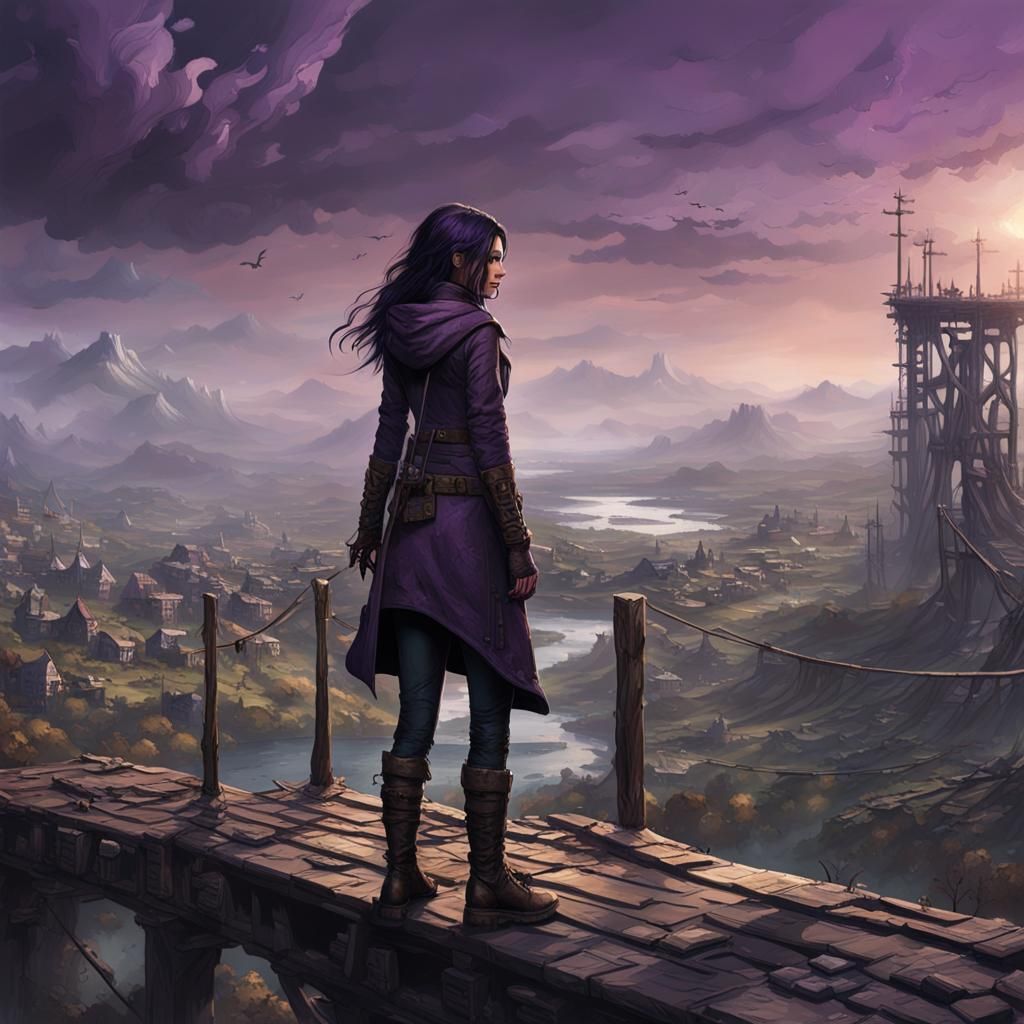 Woman Overlooking Post-Apocalyptic City in Dark Fantasy Styl...