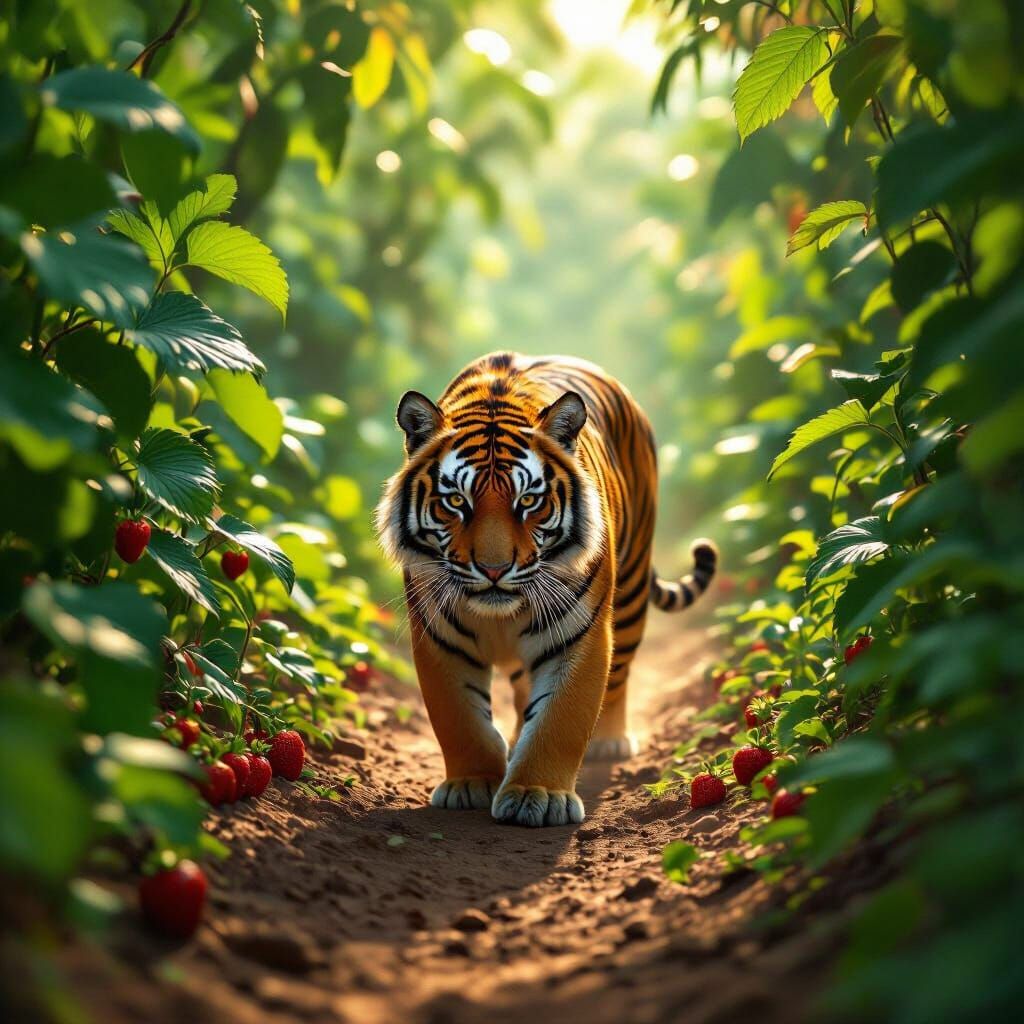 Strawberry Tiger in Jungle, Surreal Cinematic Image