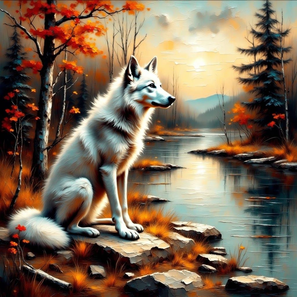Impasto Oil Painting of a Sitting Wolf by a River in Earthy....