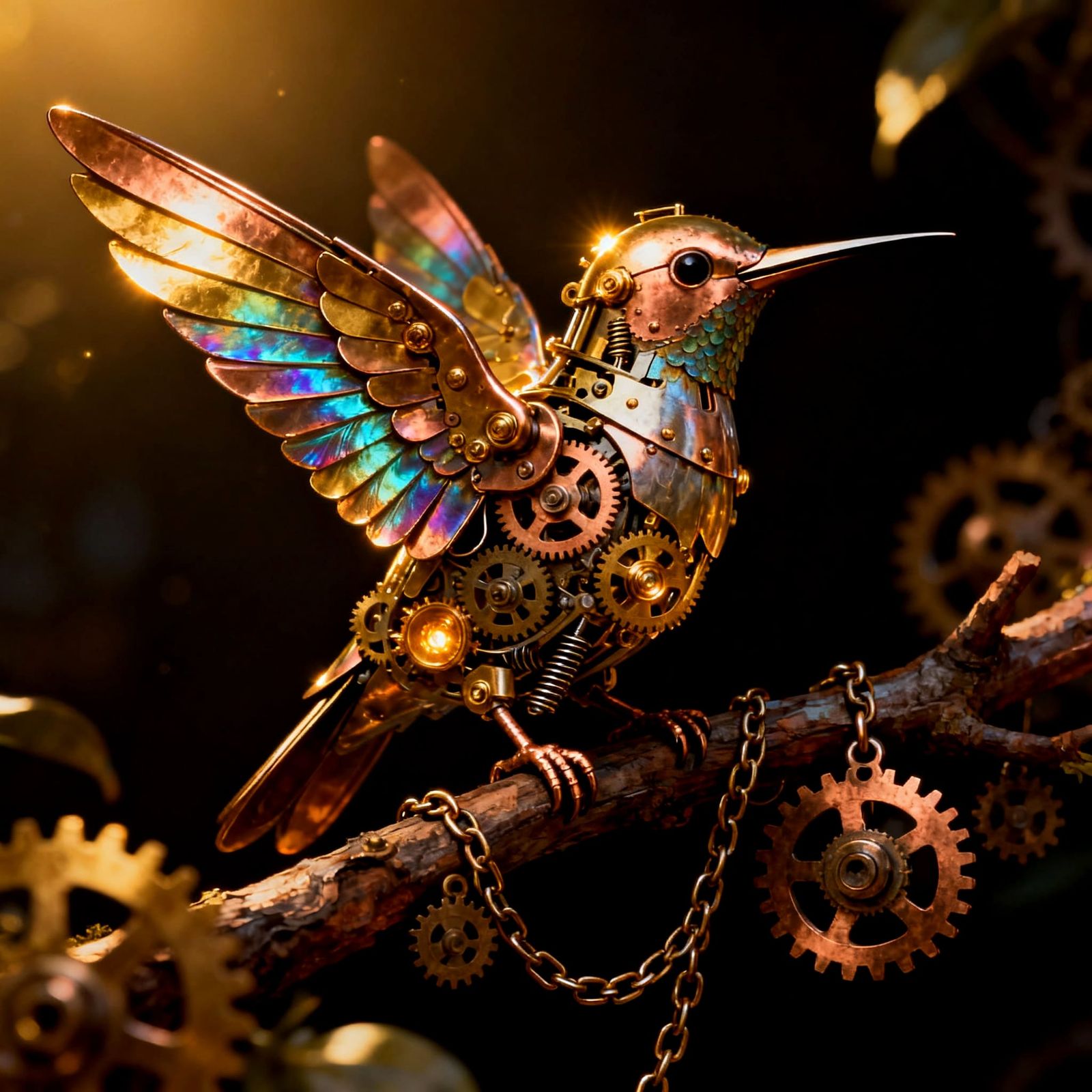 Clockwork Hummingbird with Iridescent Metallic Feathers