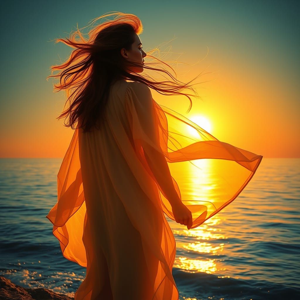 Ethereal Woman in Sunset Seascape