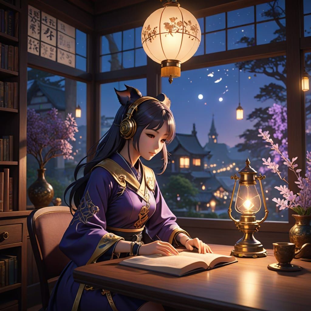 Whimsical Anime Girl Studies Under a Golden Lamp with a Come...