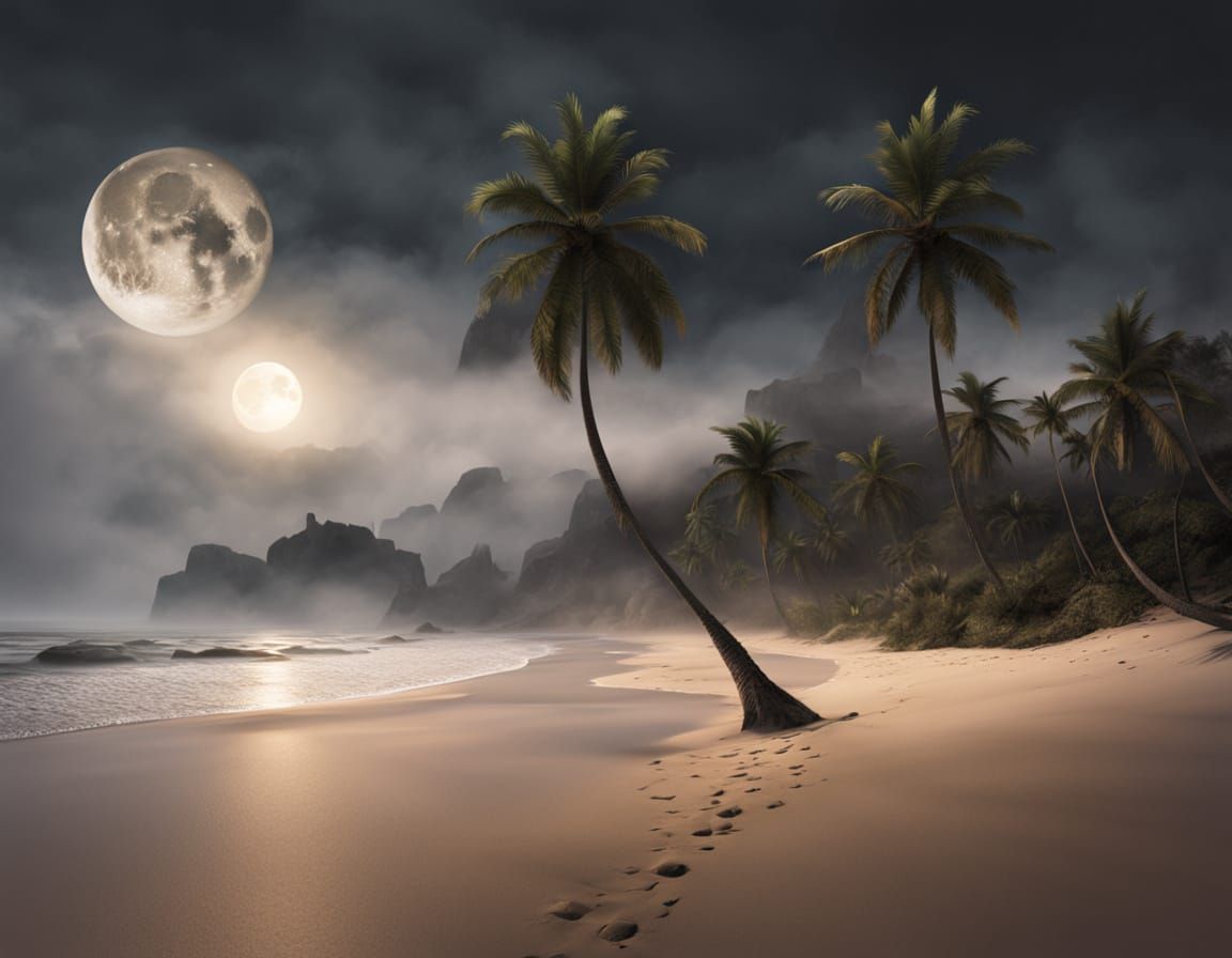 Ethereal Misty Tropical Forest Beach at Night