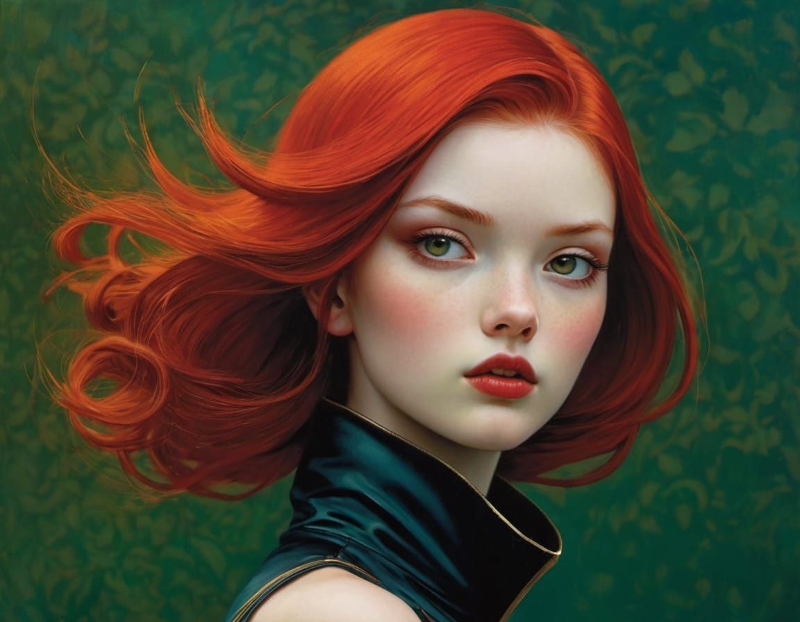 Red Haired Woman in Distinctive Art Styles