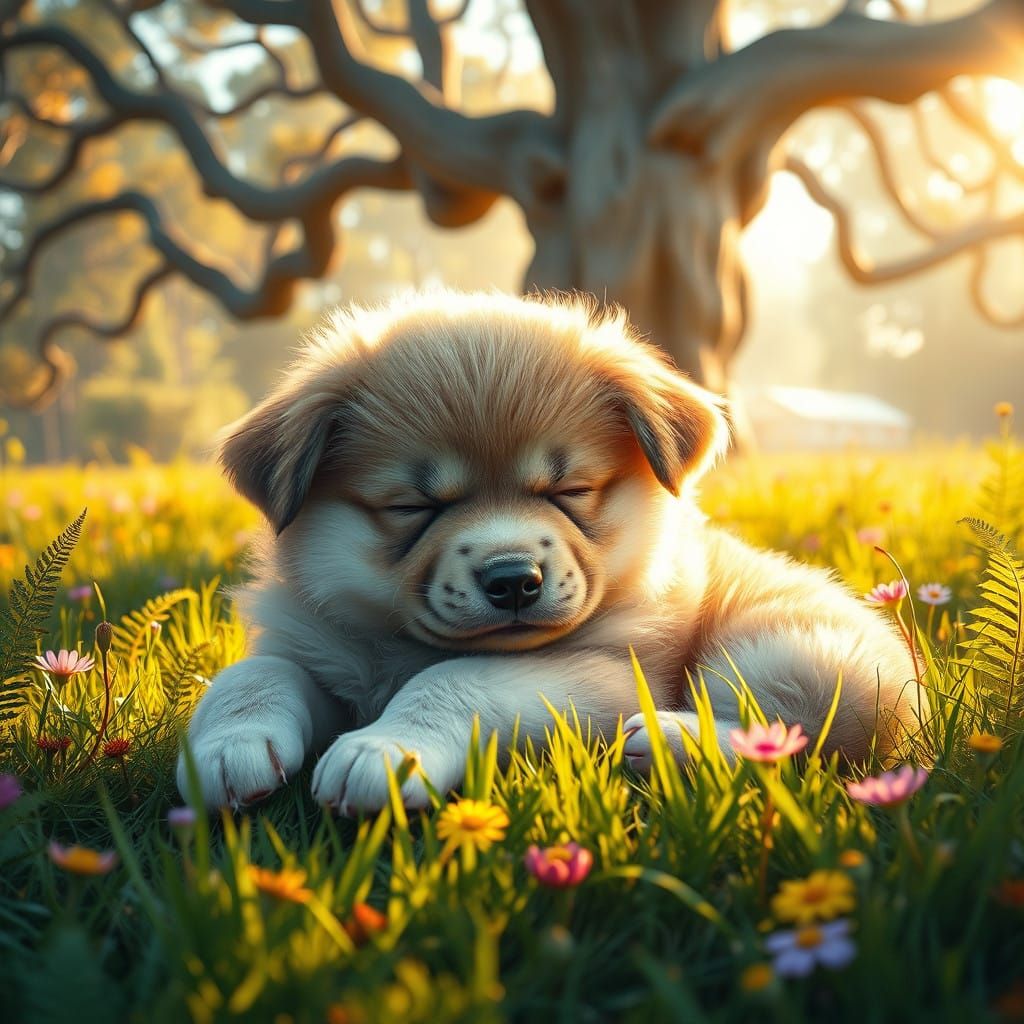 Serene Puppy in Vibrant Meadow Landscape