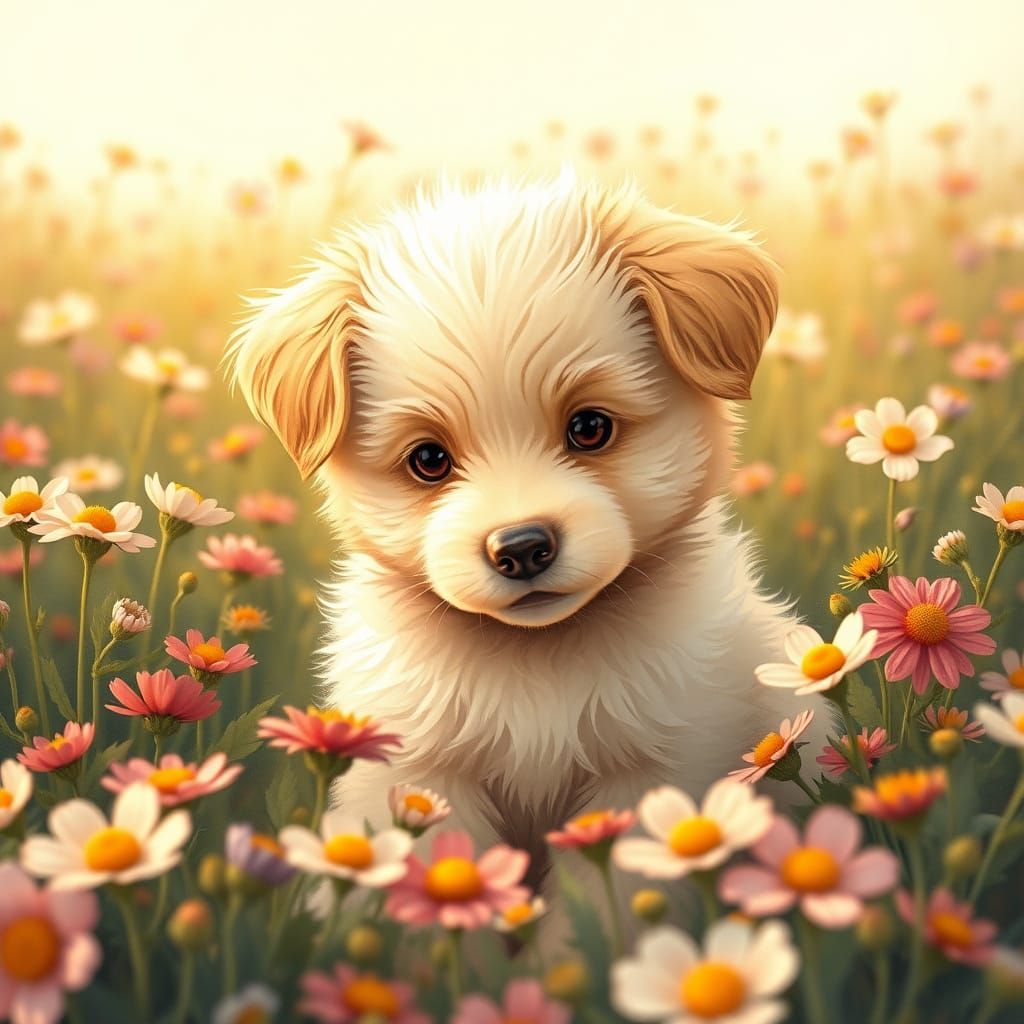 Whimsical Puppy in Flower Meadow, Illustration Style