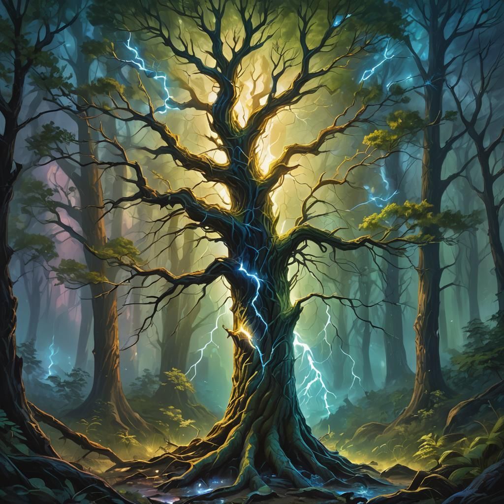 Glowing Lightning Tree in Mystical Forest, Oil Painting