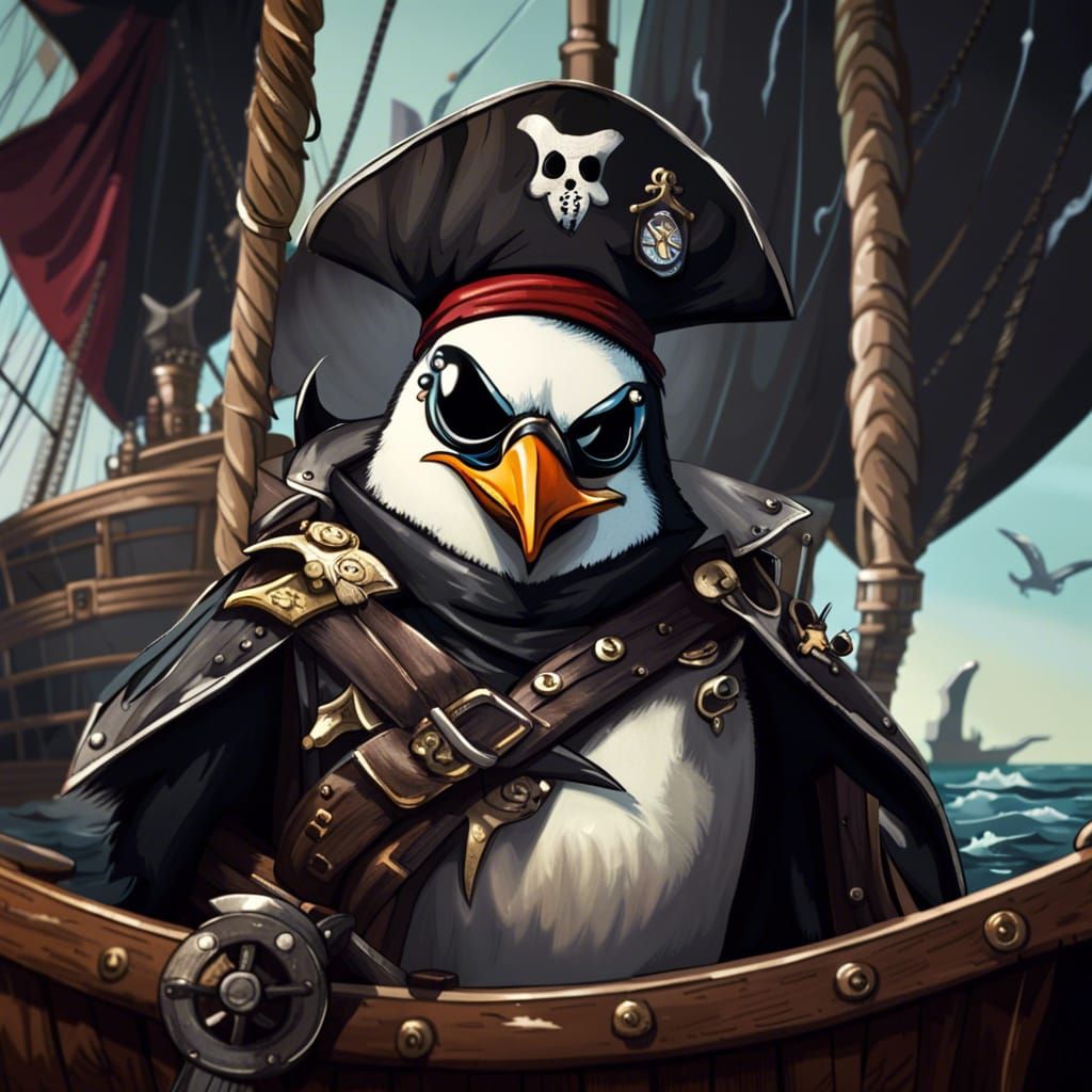 Angry Penguin Pirate Captain on Pirate Ship