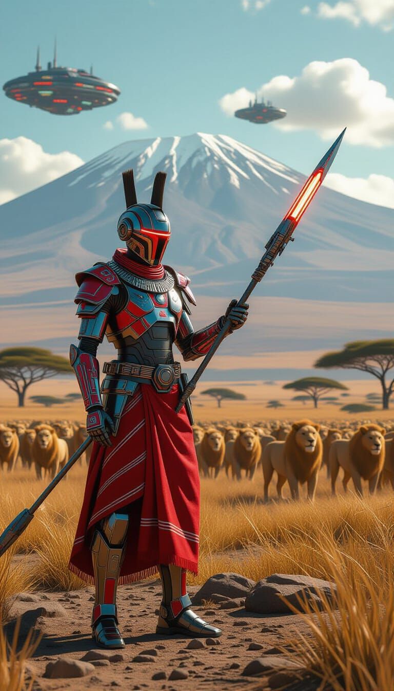 Futuristic Maasai Warrior Droid in Cyberpunk Savannah