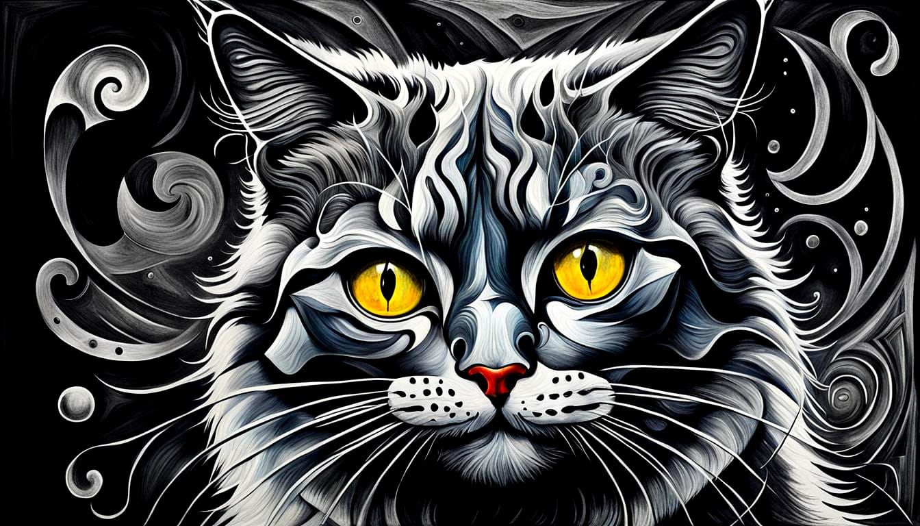 Surreal Cat Charcoal Drawing in Abstract Cubism Style