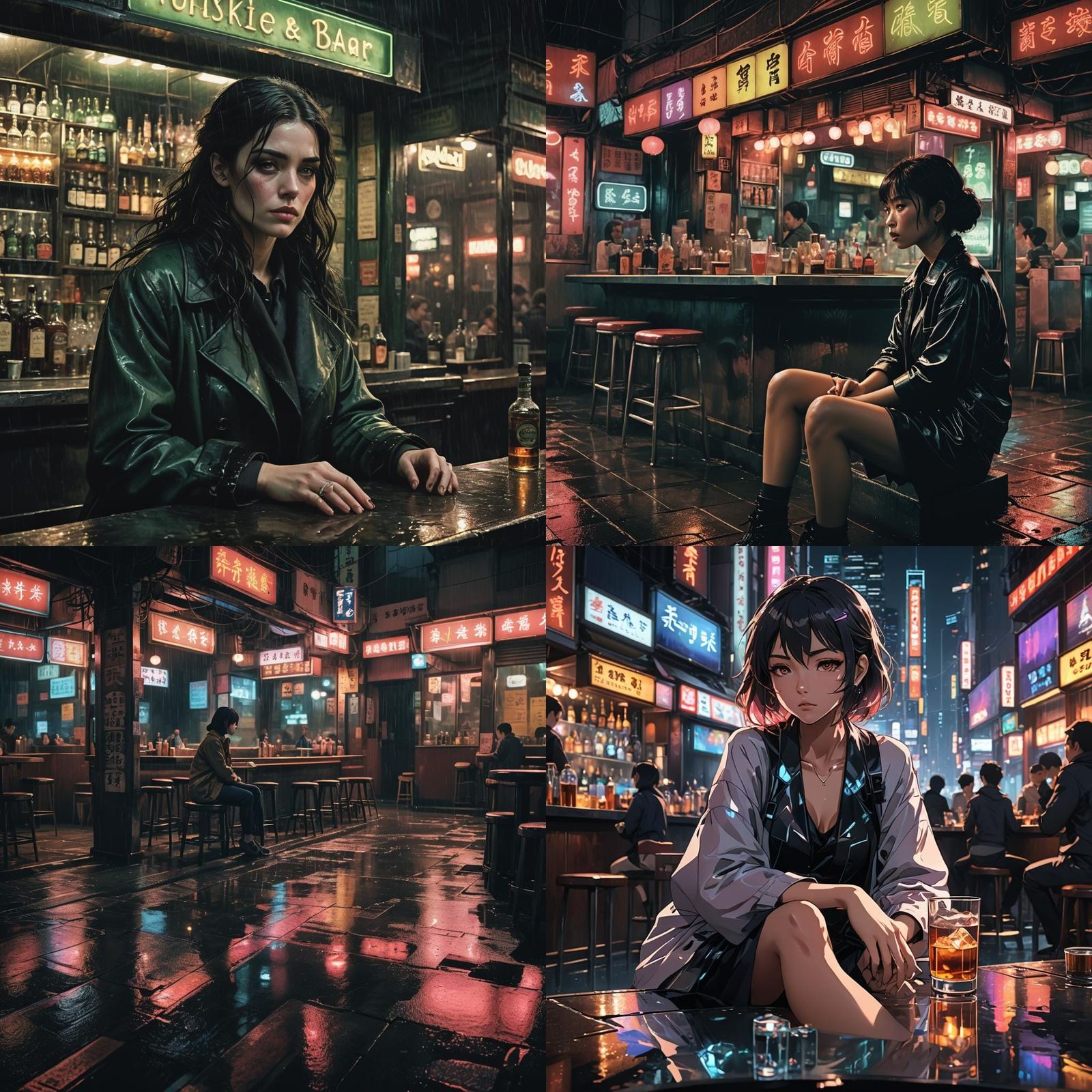 Sad Anime Woman in Neon Bar, Wong Kar Wai Style