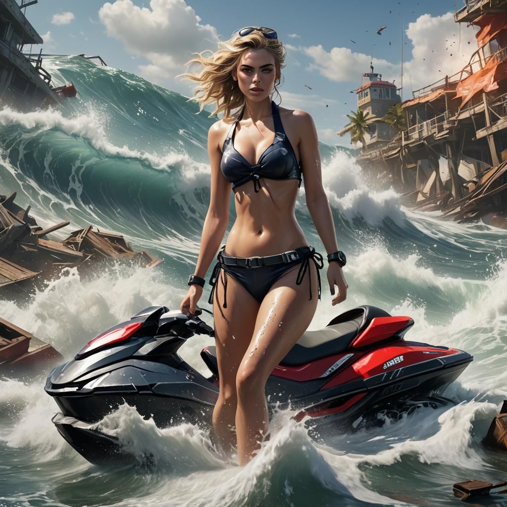 Wrecked Jet Ski: Sailor Exhausted in Stormy Seas