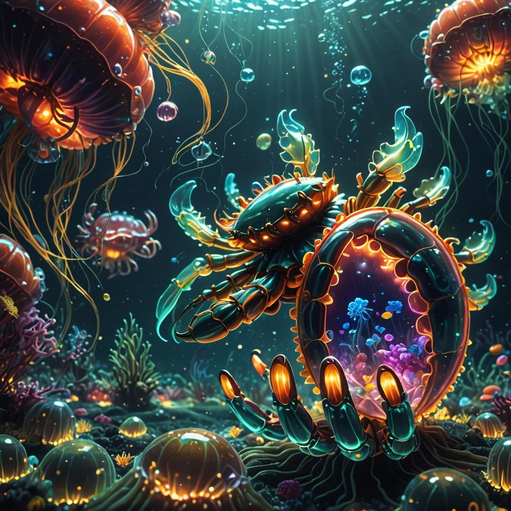 Glowing Glass Crab in Ocean: Pixel Art