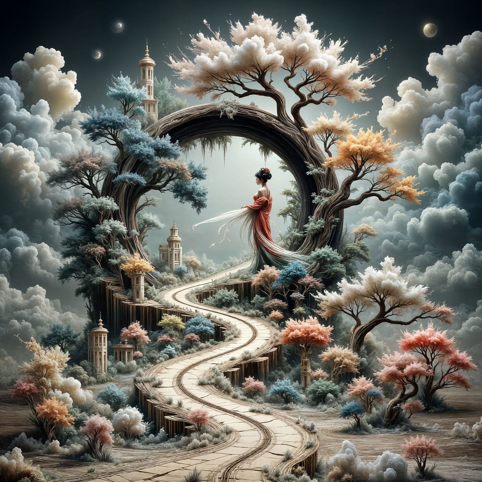 Ethereal Surreal Yin Yang Scene with Geisha and Ancient Bons...