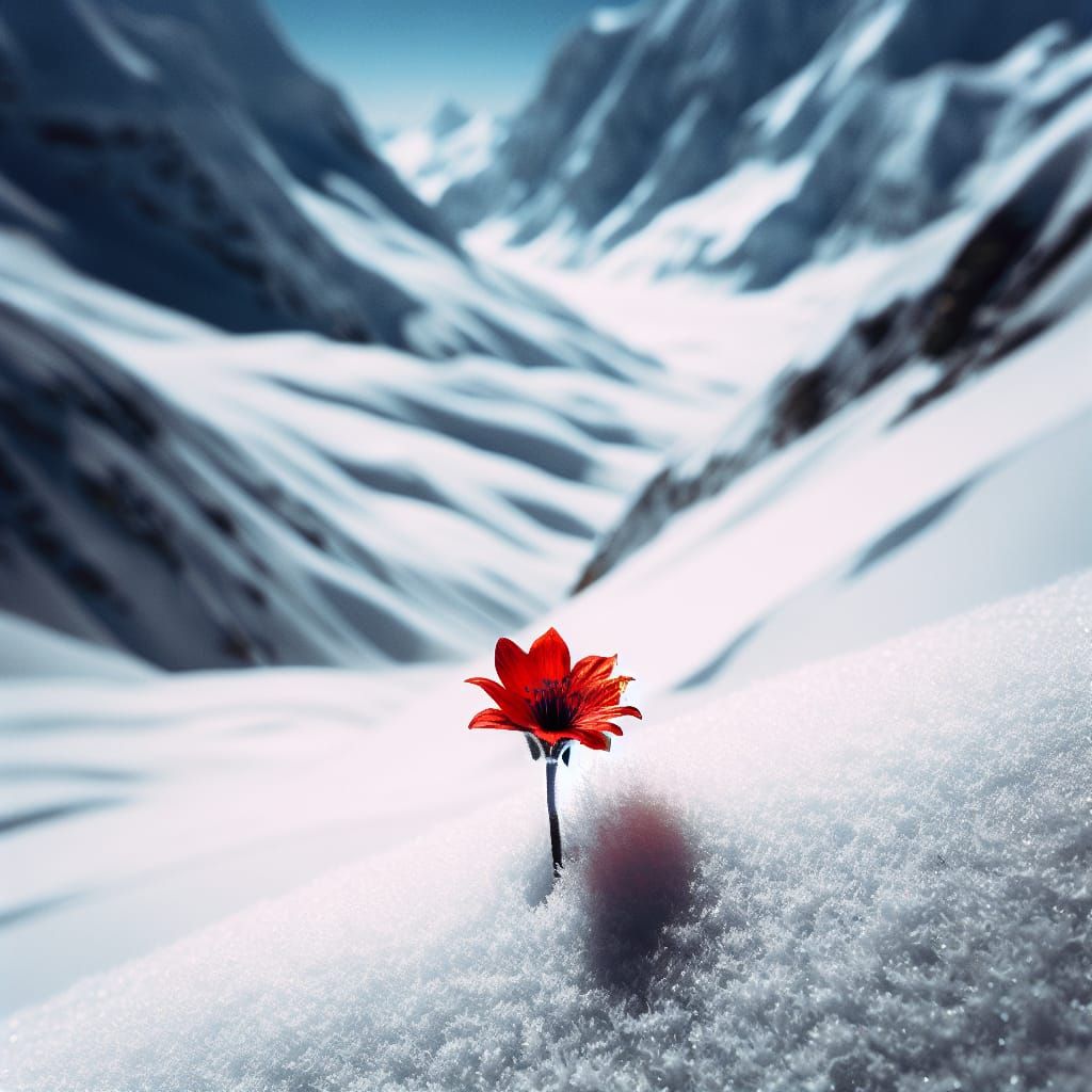 Solitary Red Flower on Snowy Mountain Peak