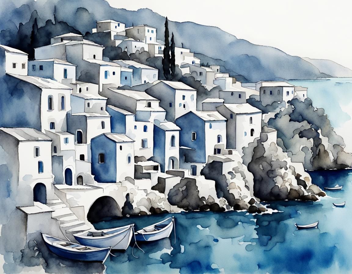Azure Seaside Village Watercolor