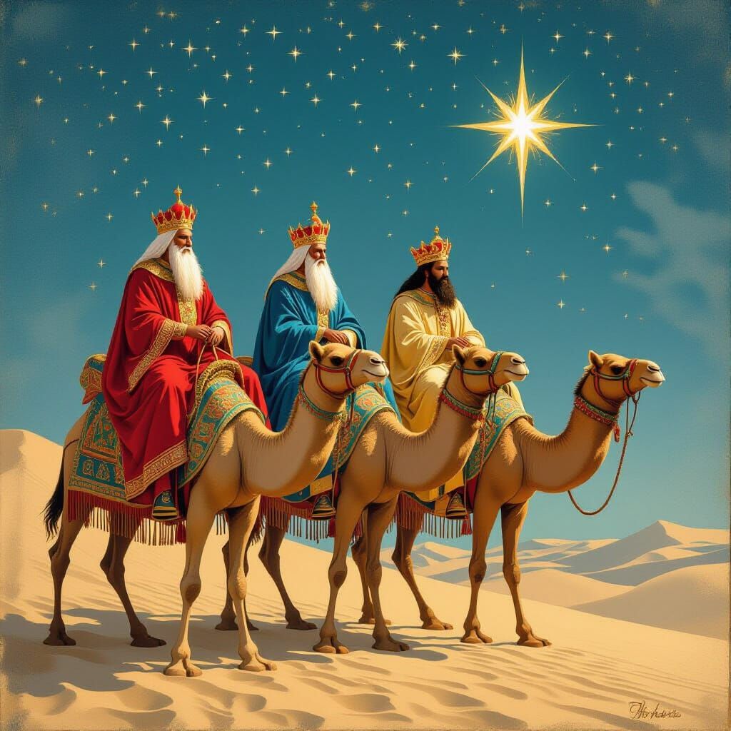 Three Kings Journey East Under Bethlehem Star