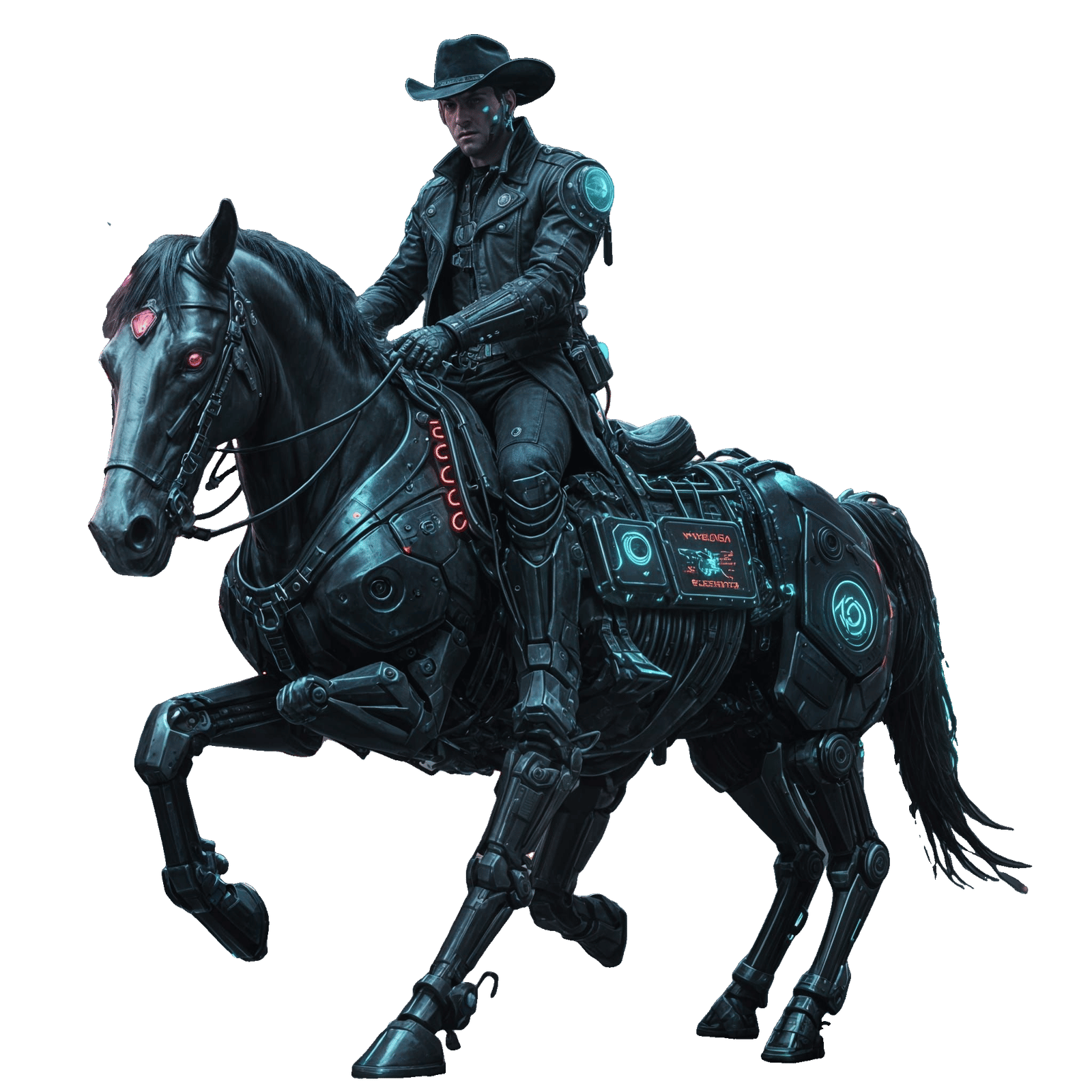 A cyberpunk cowboy, raygun gothic, riding a robotic horse, n...
