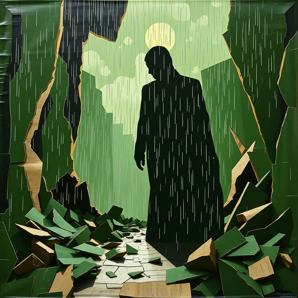 Abstract Cubist Landscape with Silhouette Figure