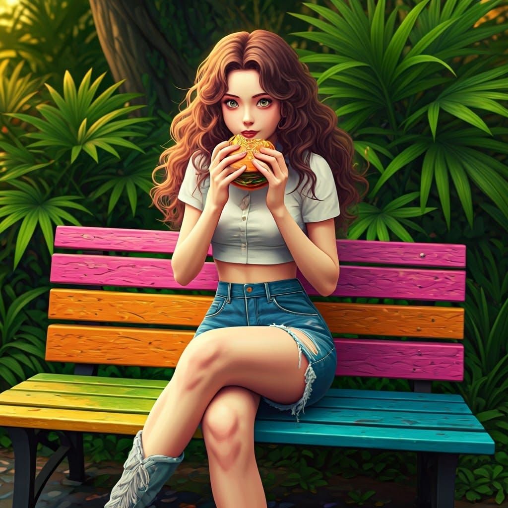 Anime-Style Girl Savoring Burger in Lush Park