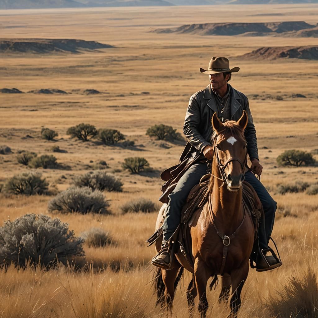 Cowboy on the Open Prairie at Sunset