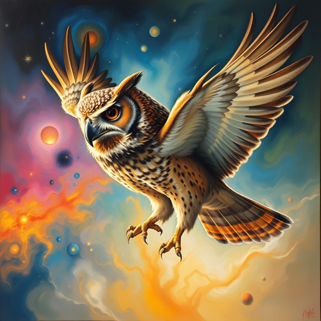 Surreal Owl Head Hawk Body Oil Painting