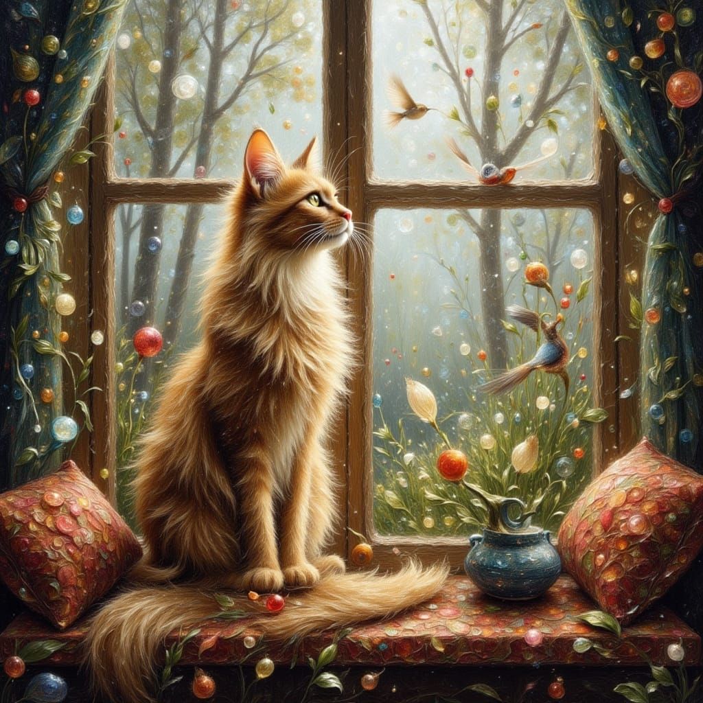 Whimsical Long-Haired Cat Watching Garden Animals